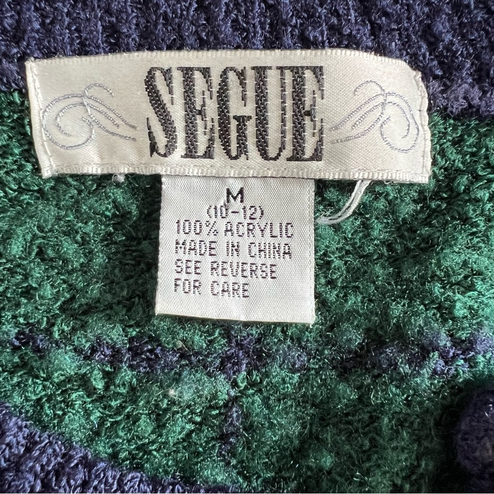 Segue Vintage Boucle Green and Navy Plaid Cardigan Preppy Classic Kennedy Medium - Picture 4 of 4